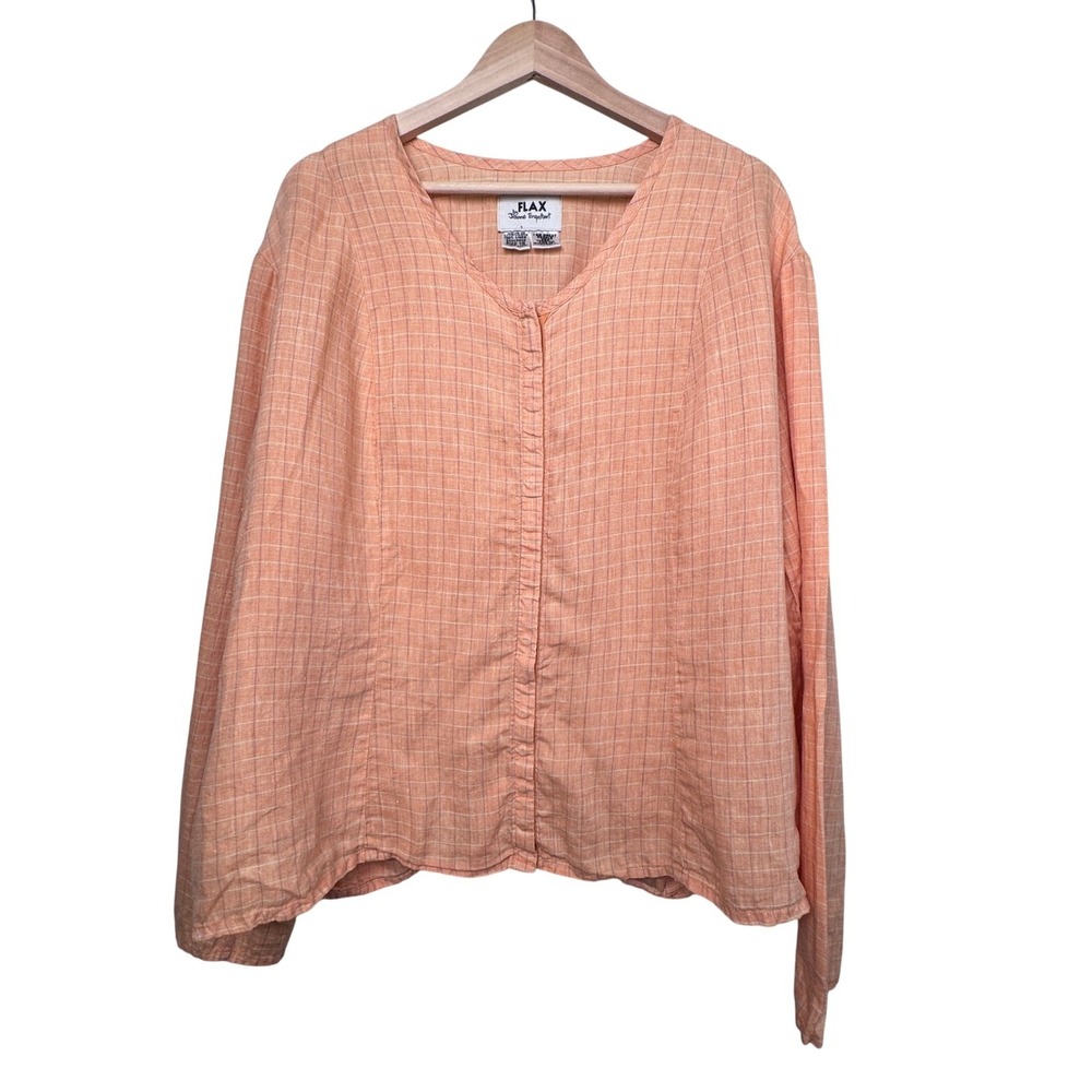 Vintage Flax by Jeanne Engelhart Linen Windowpane Button Up Snap Top Orange 1G